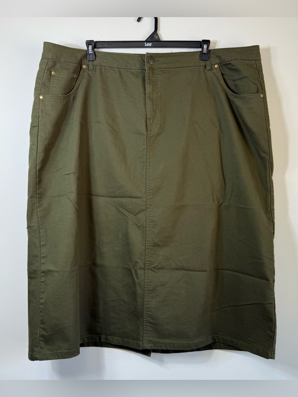Jessica London Olive Green Stretch Twill Denim Midi Skirt Plus Size 30W